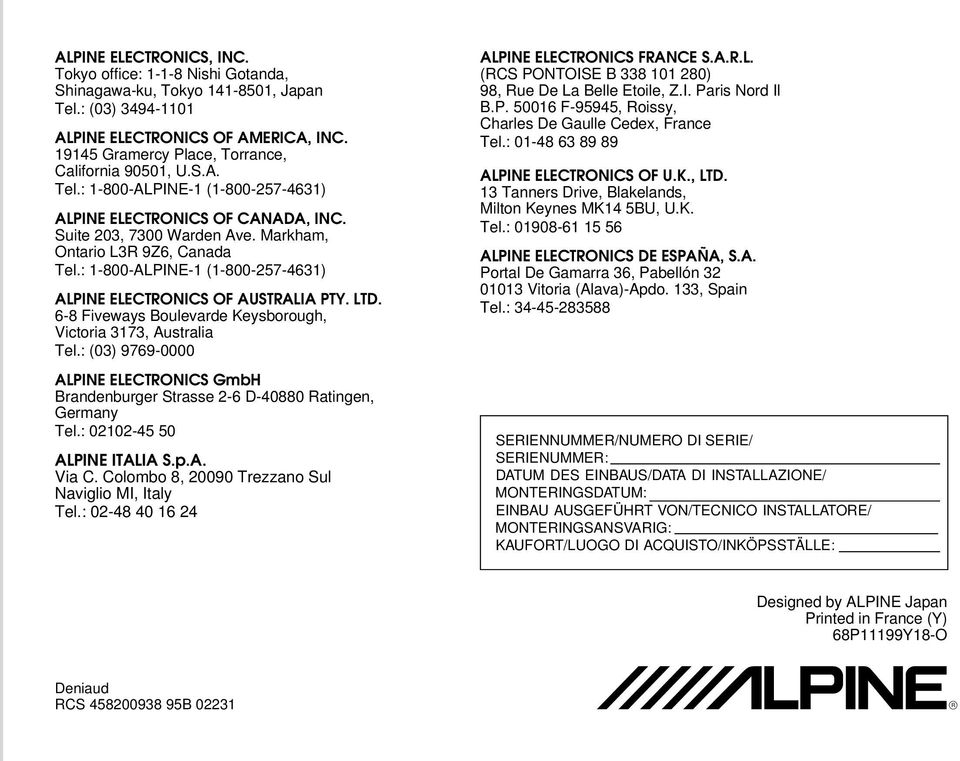 : 1-800-ALPINE-1 (1-800-257-4631) ALPINE ELECTRONICS OF AUSTRALIA PTY. LTD. 6-8 Fiveways Boulevarde Keysborough, Victoria 3173, Australia Tel.