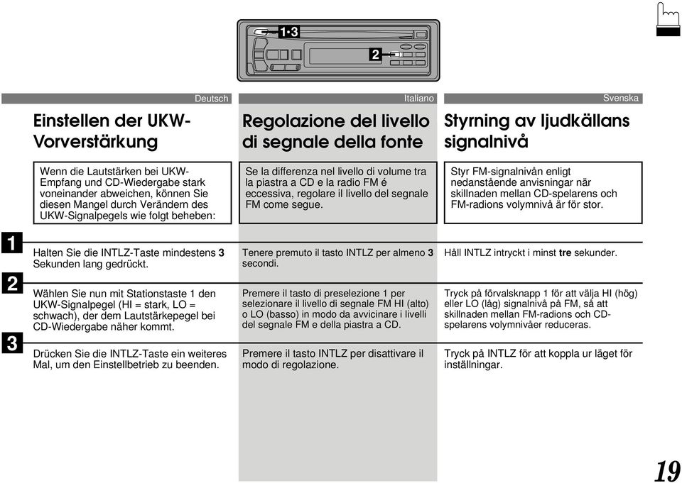 regolare il livello del segnale FM come segue. Styr FM-signalnivån enligt nedanstående anvisningar när skillnaden mellan CD-spelarens och FM-radions volymnivå är för stor.