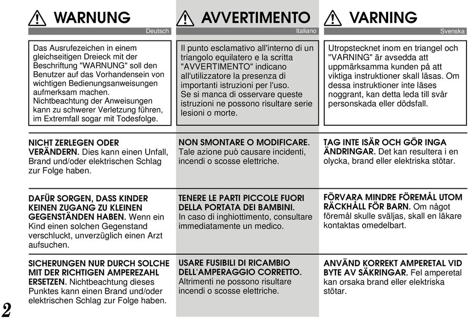 Il punto esclamativo all'interno di un triangolo equilatero e la scritta "AVVERTIMENTO" indicano all'utilizzatore la presenza di importanti istruzioni per l'uso.