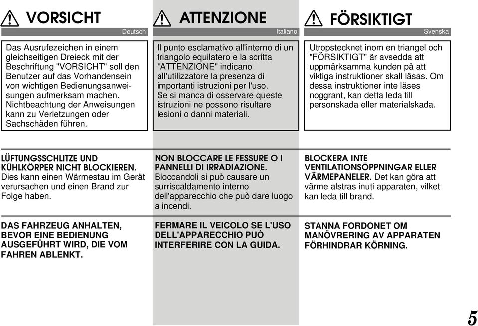 Il punto esclamativo all'interno di un triangolo equilatero e la scritta "ATTENZIONE" indicano all'utilizzatore la presenza di importanti istruzioni per l'uso.