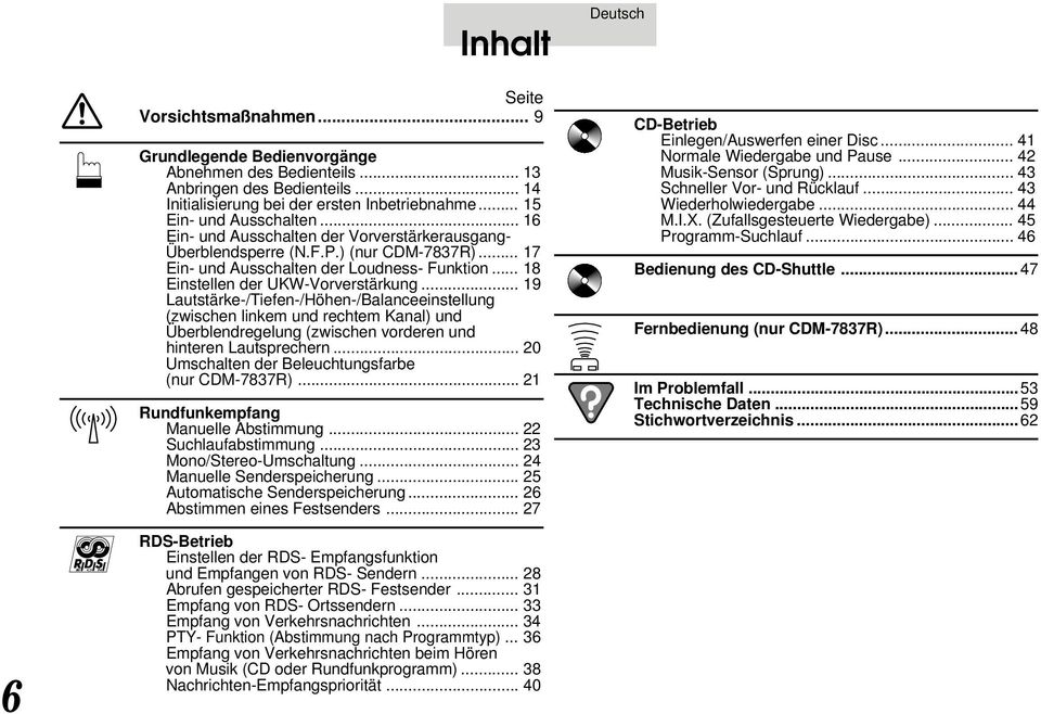 .. 19 Lautstärke-/Tiefen-/Höhen-/Balanceeinstellung (zwischen linkem und rechtem Kanal) und Überblendregelung (zwischen vorderen und hinteren Lautsprechern.