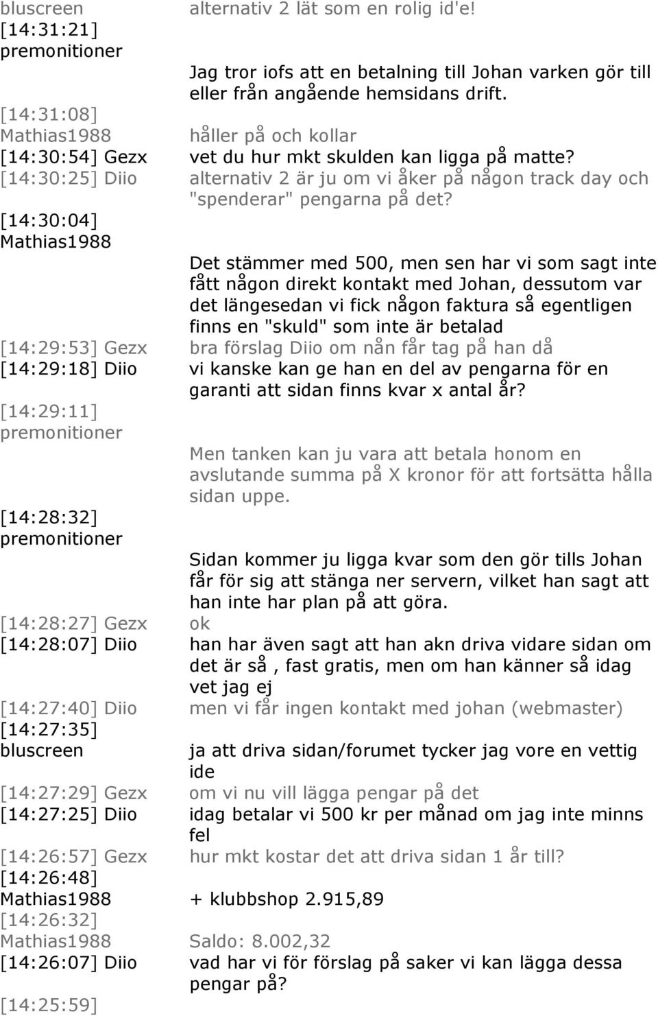 [14:30:04] Det stämmer med 500, men sen har vi som sagt inte fått någon direkt kontakt med Johan, dessutom var det längesedan vi fick någon faktura så egentligen finns en "skuld" som inte är betalad