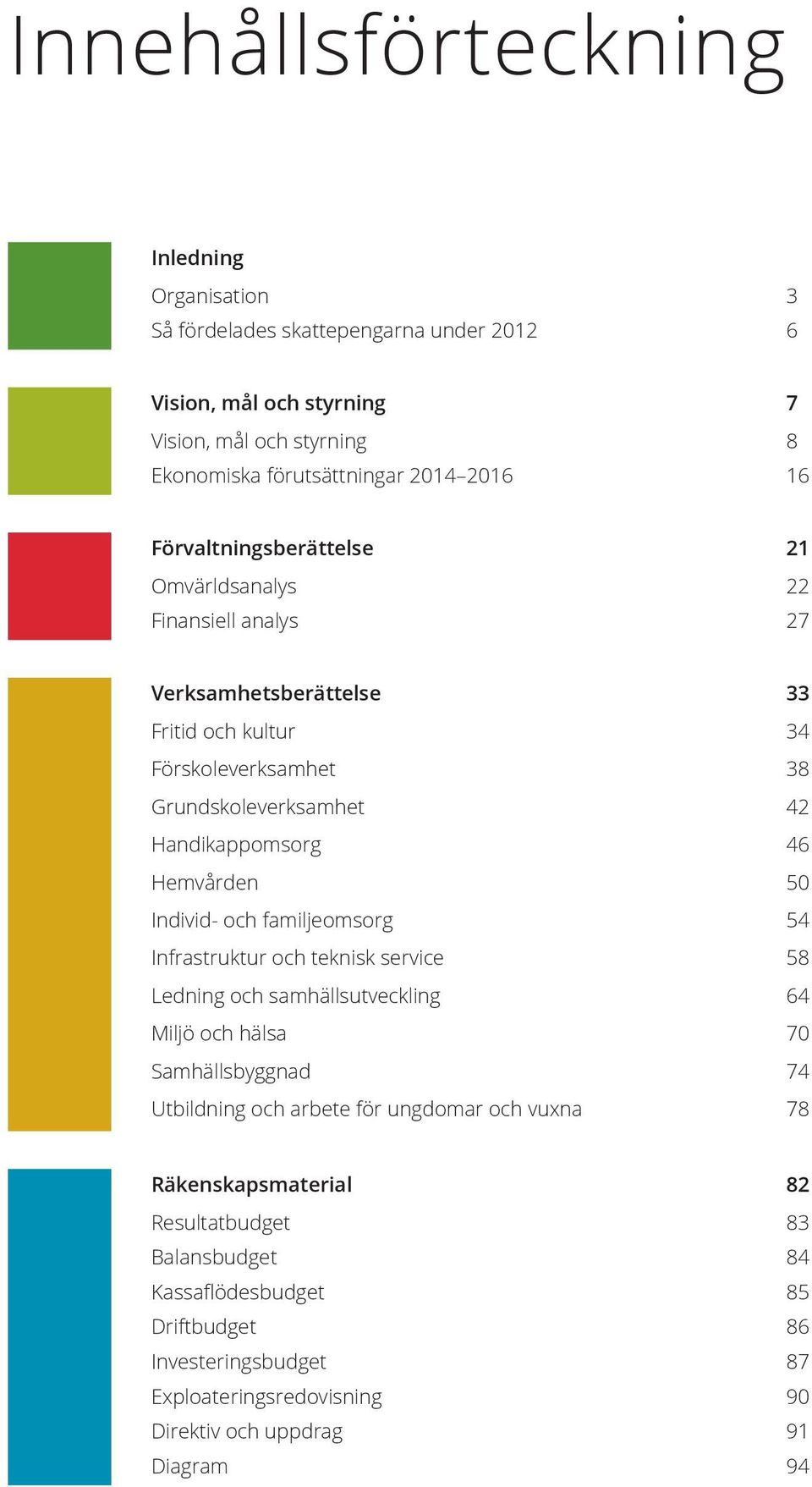 Hemvården 50 Individ- och familjeomsorg 54 Infrastruktur och teknisk service 58 Ledning och samhällsutveckling 64 Miljö och hälsa 70 Samhällsbyggnad 74 Utbildning och arbete för