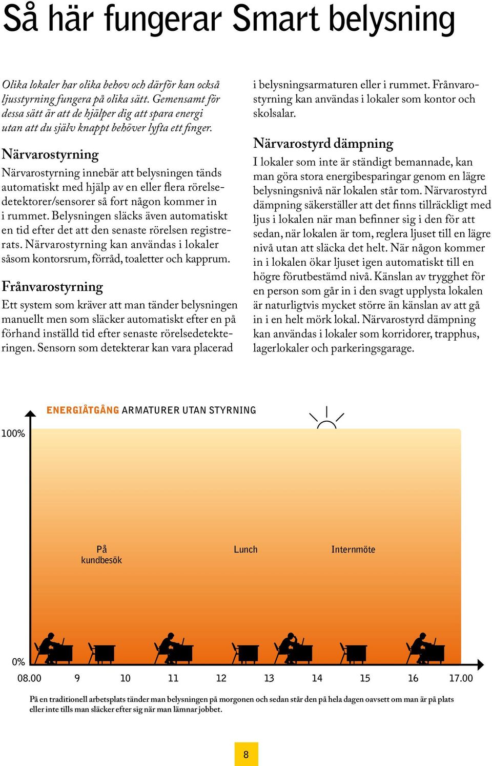 Närvarostyrning Närvarostyrning innebär att belysningen tänds automatiskt med hjälp av en eller flera rörelsedetektorer/sensorer så fort någon kommer in i rummet.