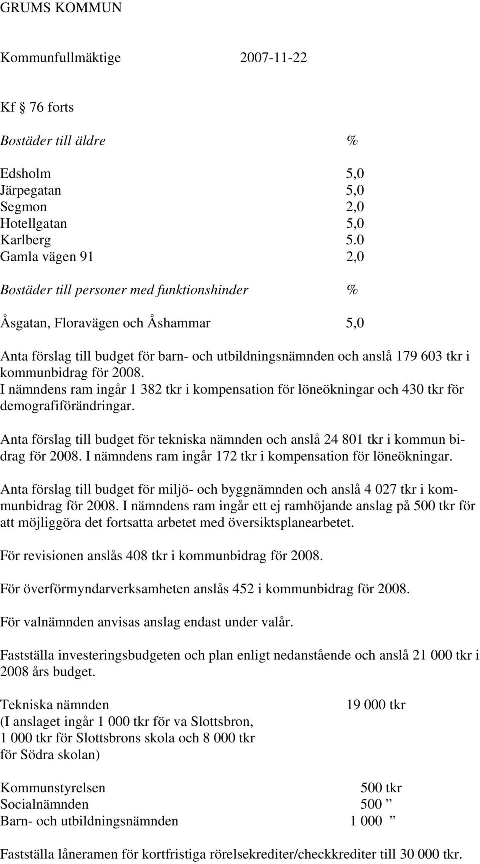 för 2008. I nämndens ram ingår 1 382 tkr i kompensation för löneökningar och 430 tkr för demografiförändringar.