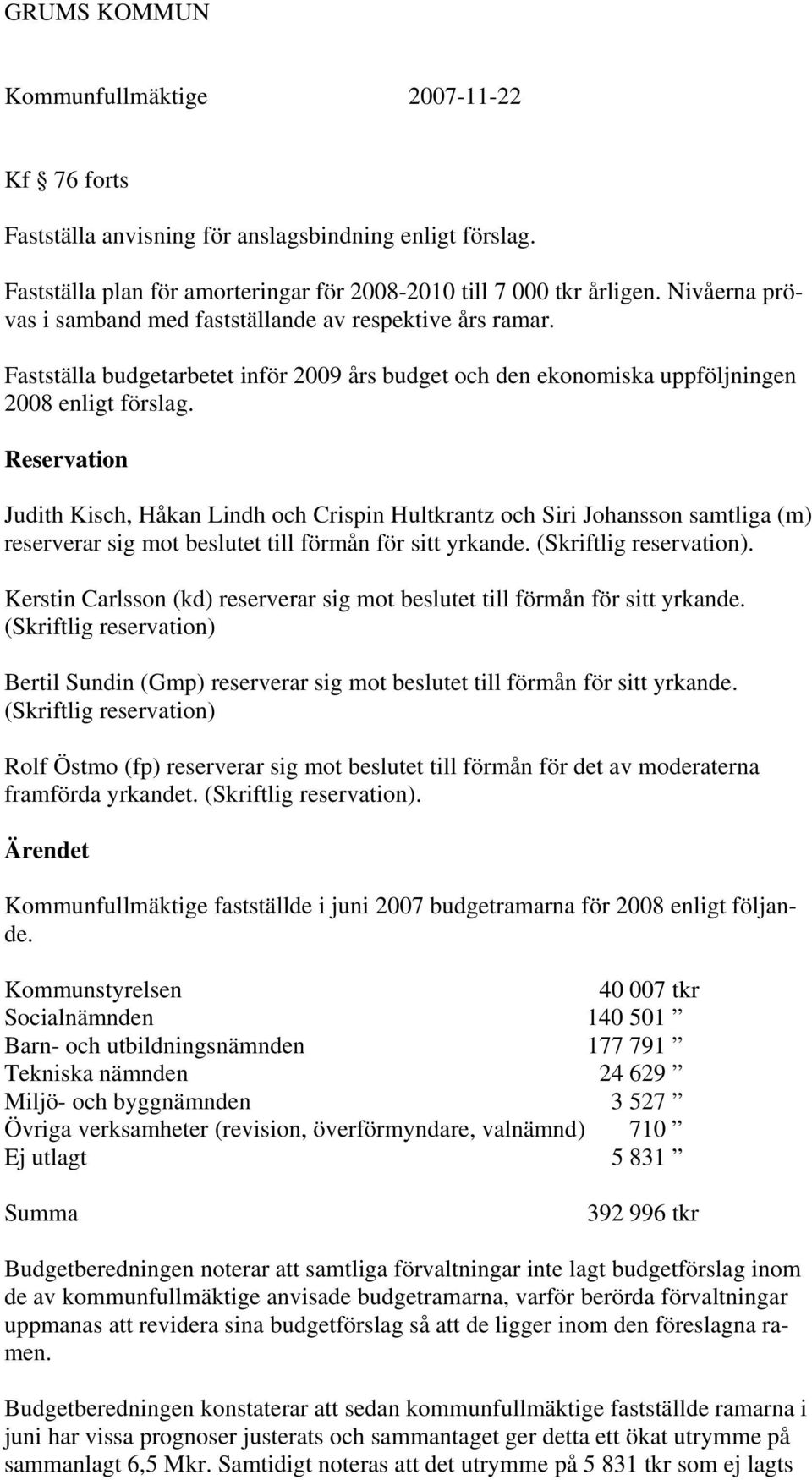 Reservation Judith Kisch, Håkan Lindh och Crispin Hultkrantz och Siri Johansson samtliga (m) reserverar sig mot beslutet till förmån för sitt yrkande. (Skriftlig reservation).