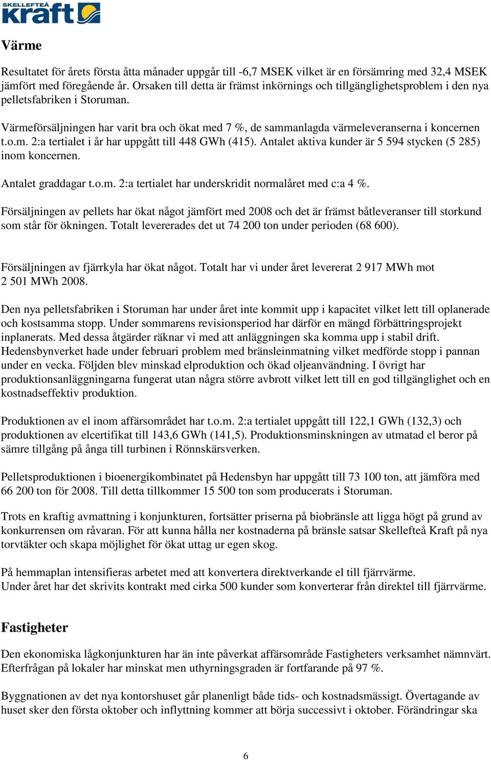 Värmeförsäljningen har varit bra och ökat med 7 %, de sammanlagda värmeleveranserna i koncernen t.o.m. 2:a tertialet i år har uppgått till 448 GWh (415).