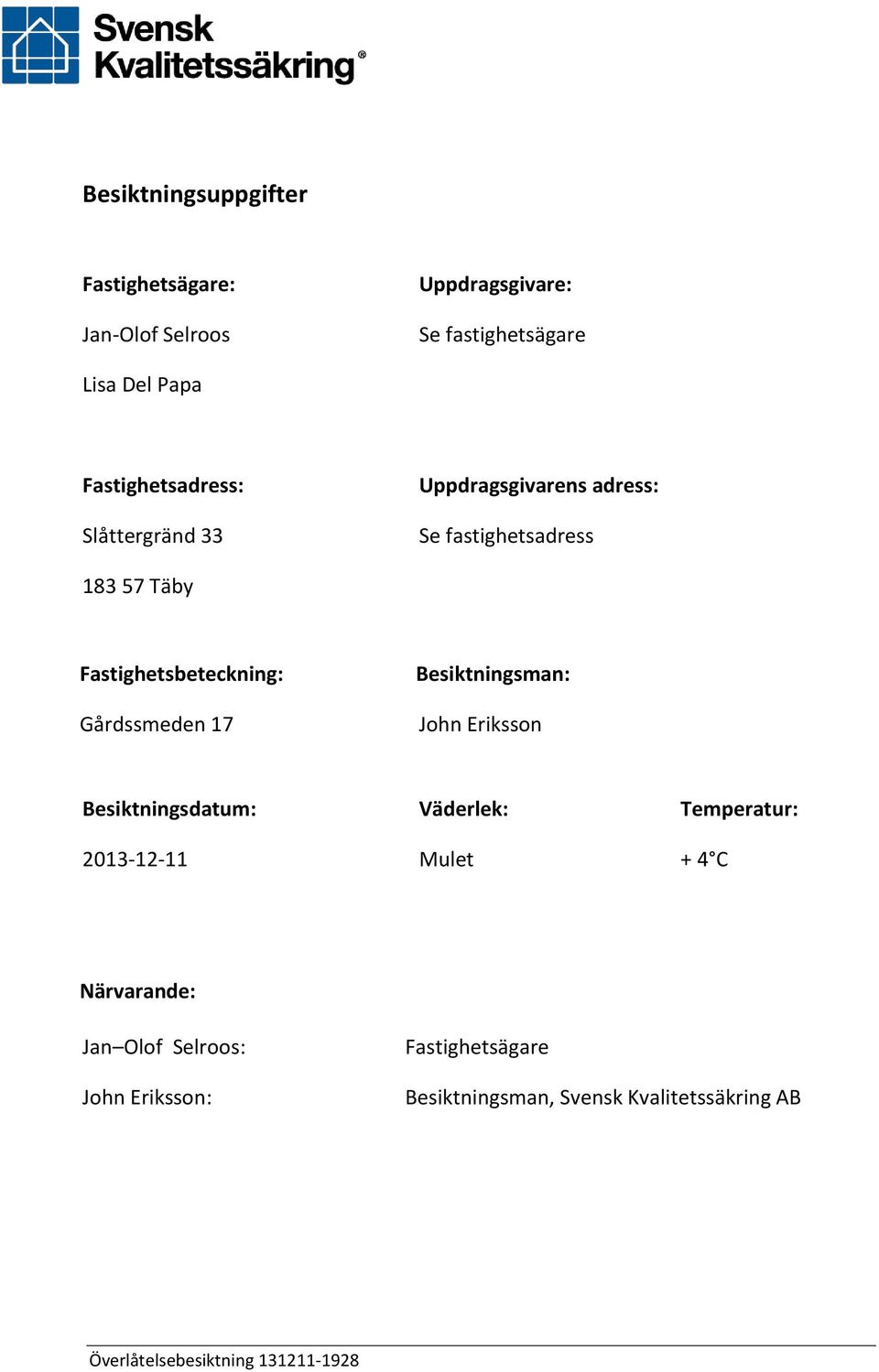 Fastighetsbeteckning: Gårdssmeden 17 Besiktningsman: John Eriksson Besiktningsdatum: 2013-12-11 Väderlek: