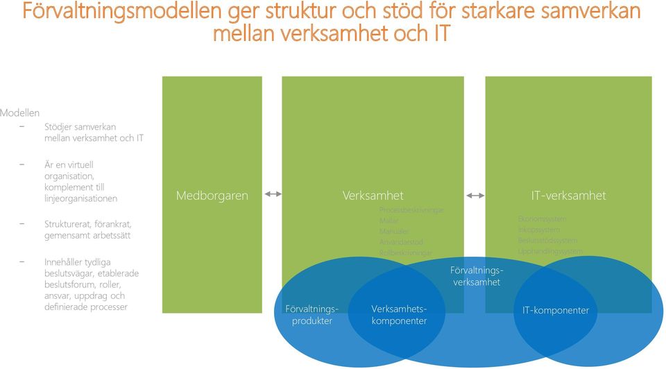 beslutsforum, roller, ansvar, uppdrag och definierade processer Medborgaren Verksamhet Processbeskrivningar Mallar Manualer Användarstöd