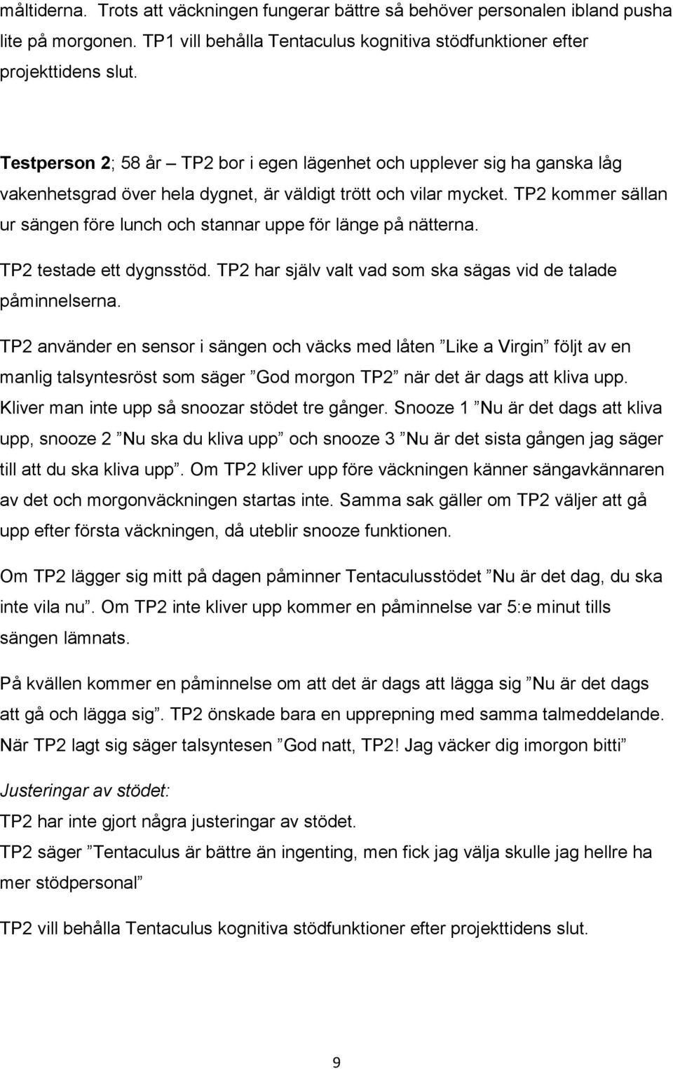 TP2 kommer sällan ur sängen före lunch och stannar uppe för länge på nätterna. TP2 testade ett dygnsstöd. TP2 har själv valt vad som ska sägas vid de talade påminnelserna.