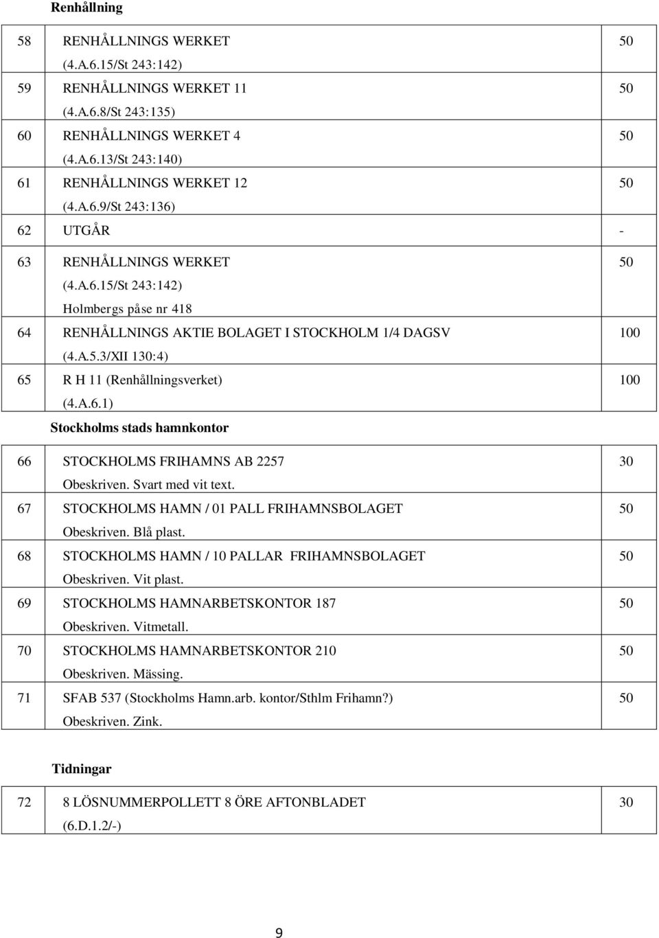 Svart med vit text. 67 STOCKHOLMS HAMN / 01 PALL FRIHAMNSBOLAGET Obeskriven. Blå plast. 68 STOCKHOLMS HAMN / 10 PALLAR FRIHAMNSBOLAGET Obeskriven. Vit plast.