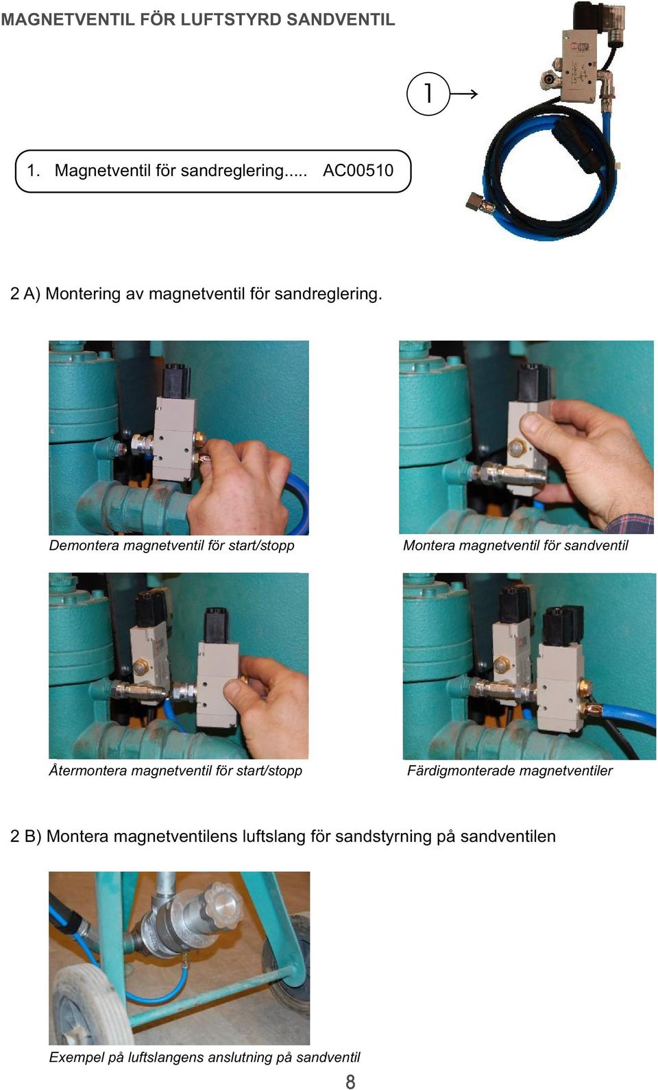 Demontera magnetventil för start/stopp Montera magnetventil för sandventil Återmontera magnetventil