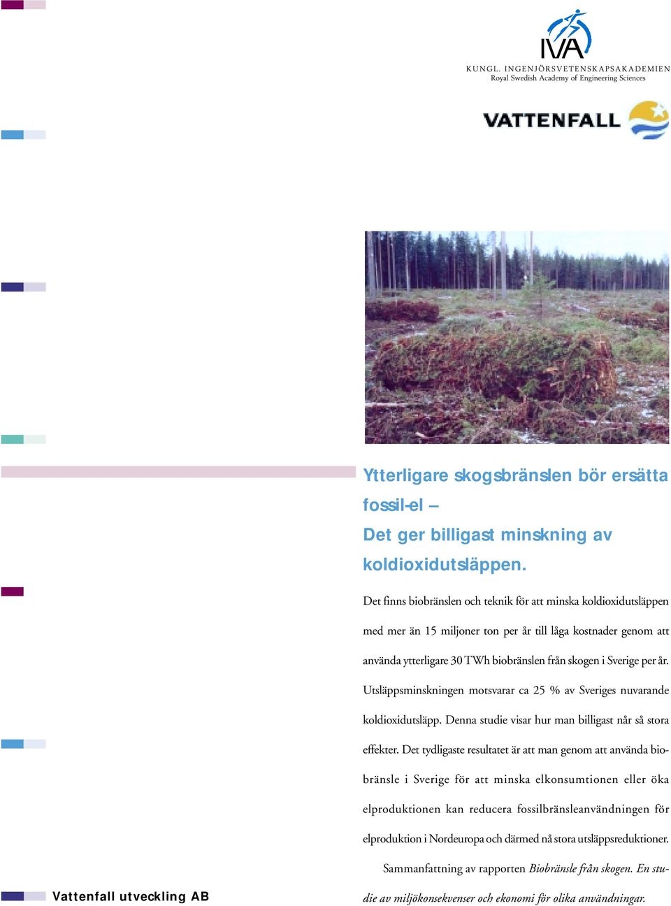 skogen i Sverige per år. Utsläppsminskningen motsvarar ca 25 % av Sveriges nuvarande koldioxidutsläpp. Denna studie visar hur man billigast når så stora effekter.