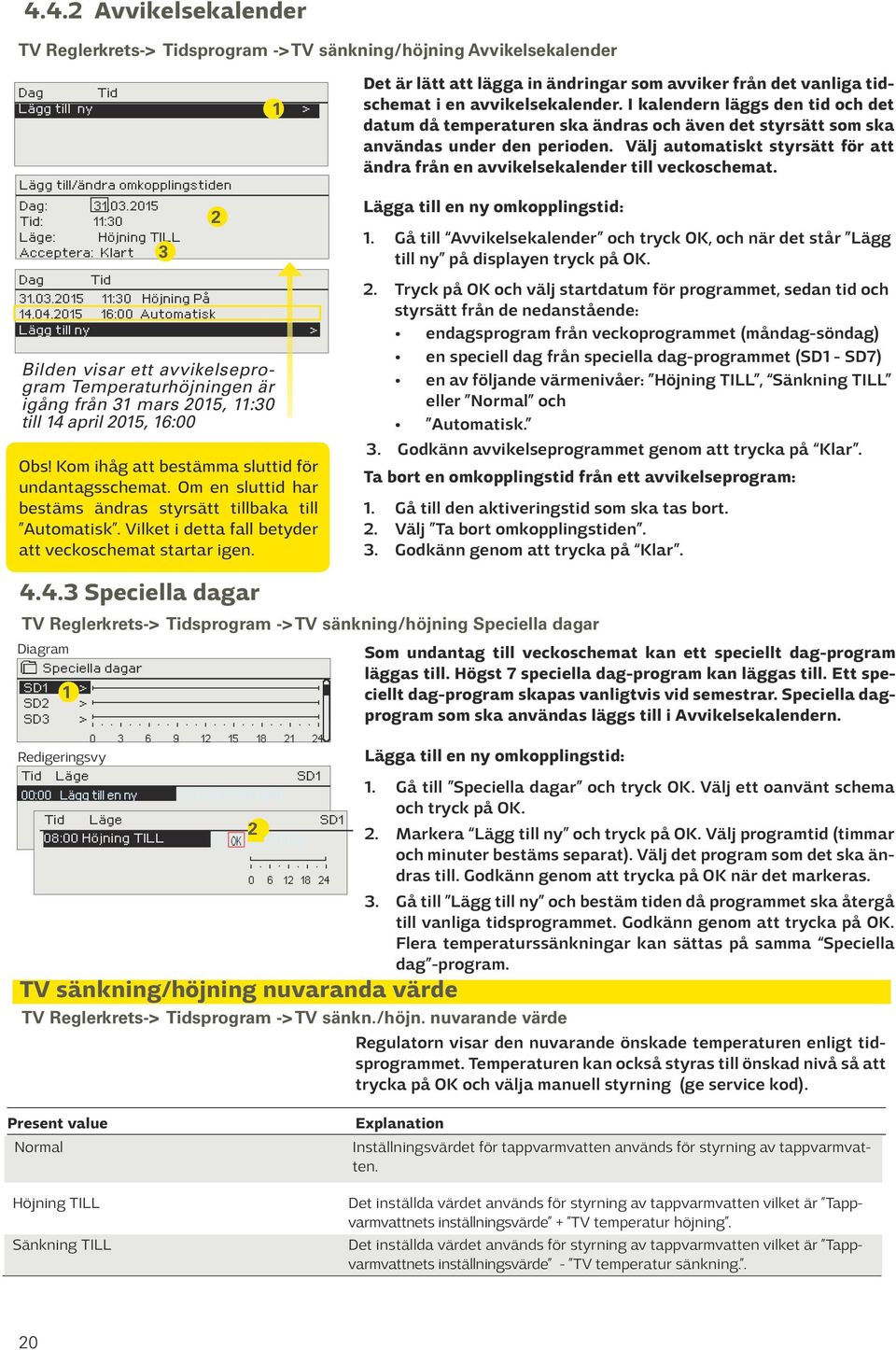 2015 16:00 Automatisk Lägg till ny Tid Lägg till ny Bilden visar ett avvikelseprogram Temperaturhöjningen är igång från 31 mars 2015, 11:30 till 14 april 2015, 16:00 3 Obs!