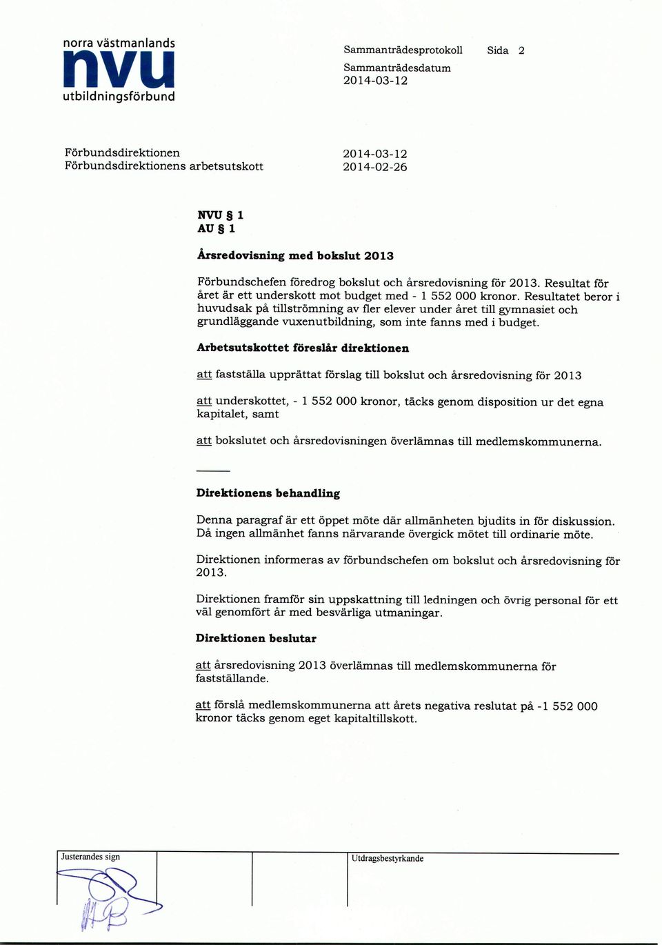 Arbetsutskottet föreslår direktionen att fastställa upprättat förslag till bokslut och årsredovisning för 2013 att underskottet, kapitalet, samt - 1 552 000 kronor, täcks genom disposition ur det