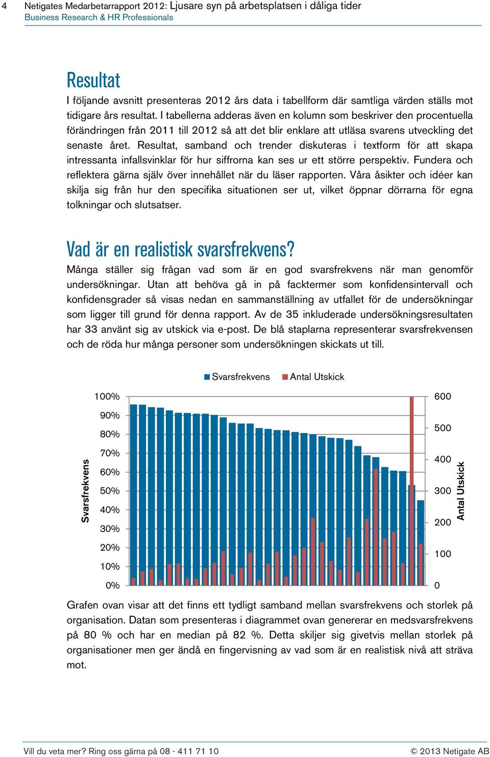 Resultat, samband och trender diskuteras i textform för att skapa intressanta infallsvinklar för hur siffrorna kan ses ur ett större perspektiv.