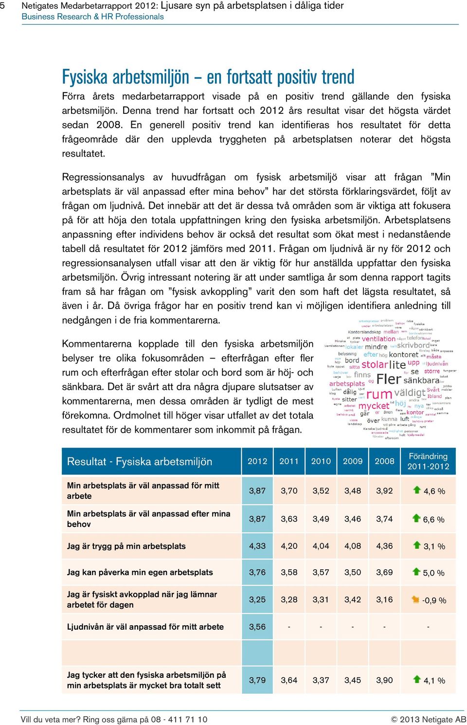 En generell positiv trend kan identifieras hos resultatet för detta frågeområde där den upplevda tryggheten på arbetsplatsen noterar det högsta resultatet.