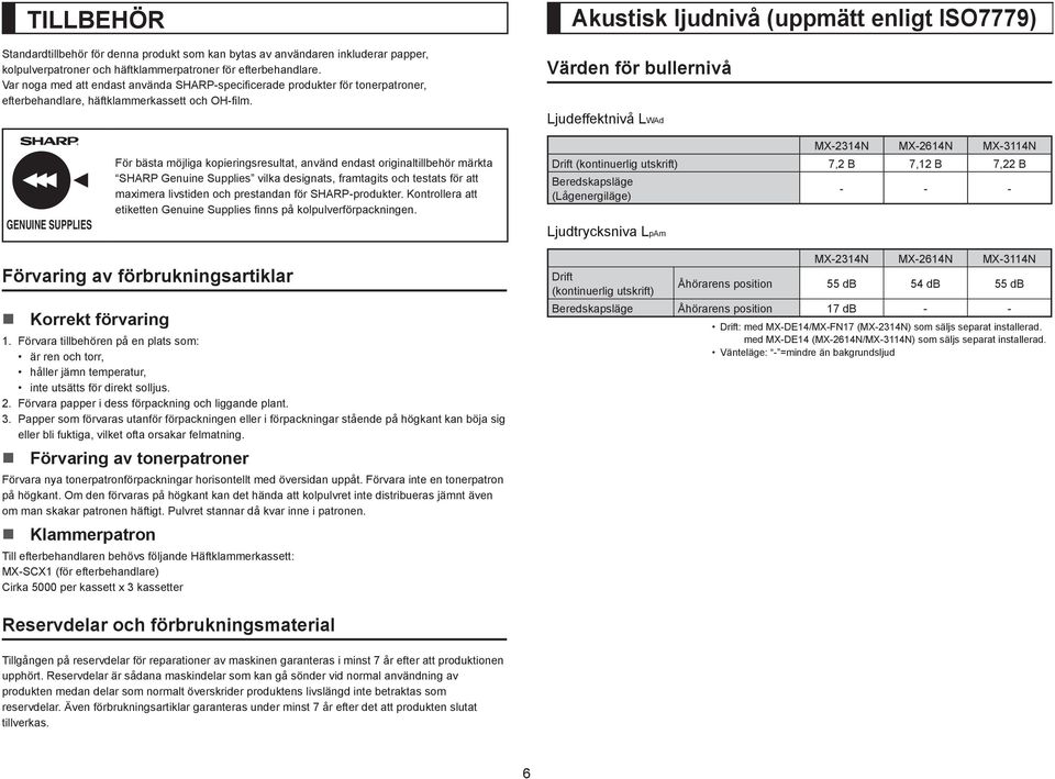 Akustisk ljudnivå (uppmätt enligt ISO7779) Värden för bullernivå GENUINE SUPPLIES För bästa möjliga kopieringsresultat, använd endast originaltillbehör märkta SHARP Genuine Supplies vilka designats,