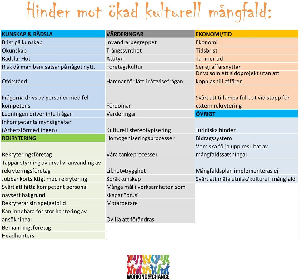 Företagskultur Ser ej affärsnyttan Oförstånd Hamnar för lätt i rättvisefrågan Drivs som ett sidoprojekt utan att kopplas till affären Frågorna drivs av personer med fel kompetens Fördomar Svårt att