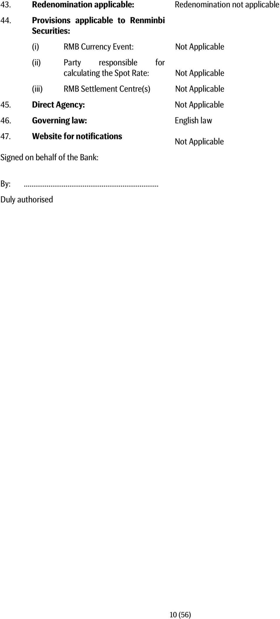 responsible for calculating the Spot Rate: (iii) RMB Settlement Centre(s) 45.