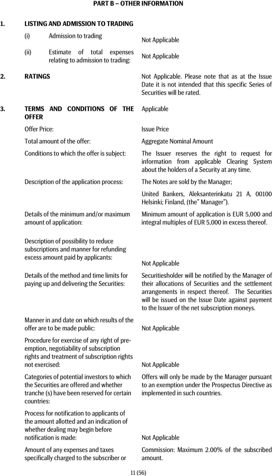 TERMS AND CONDITIONS OF THE OFFER Offer Price: Total amount of the offer: Conditions to which the offer is subject: Description of the application process: Details of the minimum and/or maximum