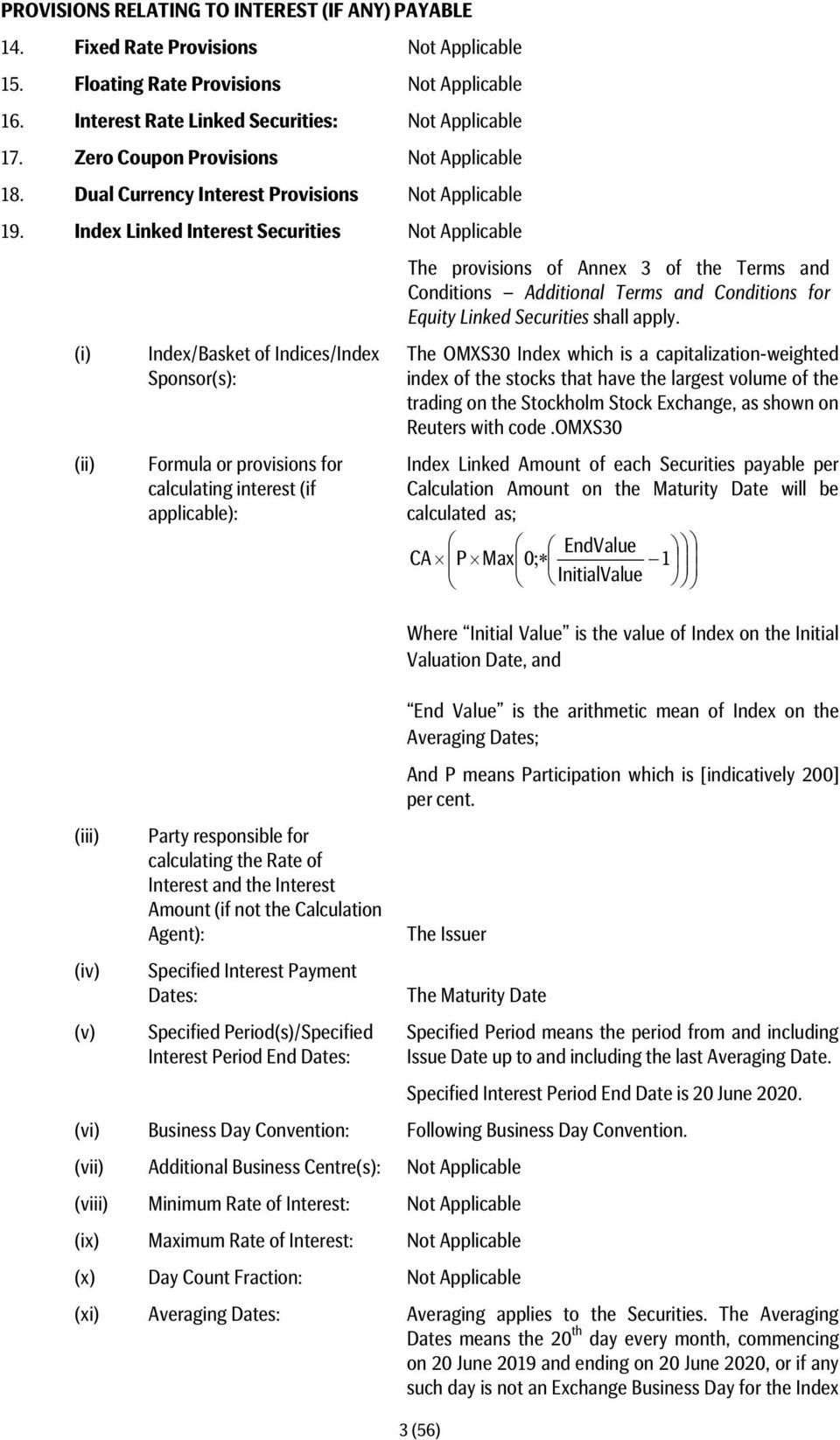 Index Linked Interest Securities (i) (ii) (iii) (iv) (v) Index/Basket of Indices/Index Sponsor(s): Formula or provisions for calculating interest (if applicable): Party responsible for calculating