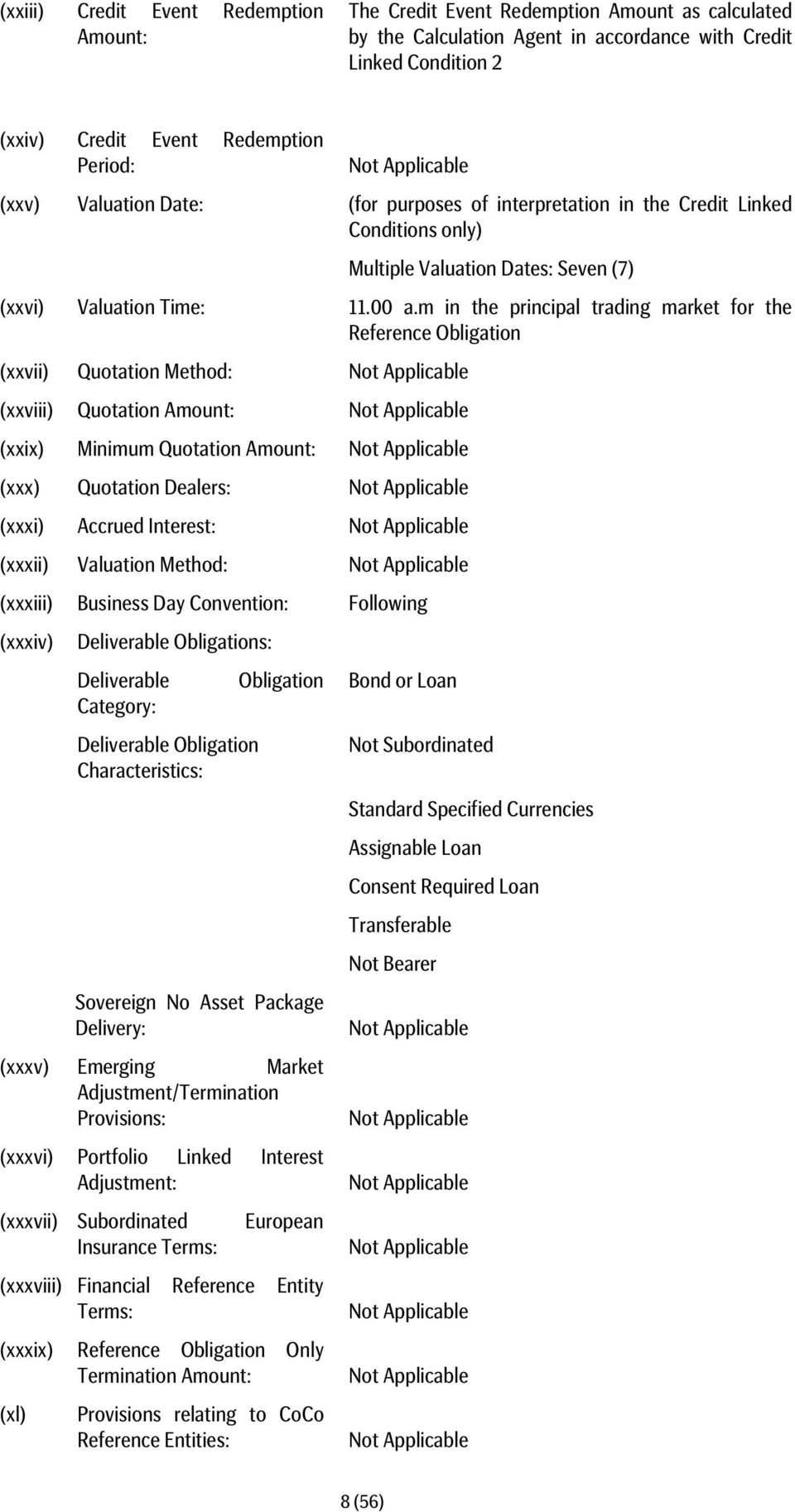 m in the principal trading market for the Reference Obligation (xxvii) Quotation Method: (xxviii) Quotation Amount: (xxix) Minimum Quotation Amount: (xxx) Quotation Dealers: (xxxi) Accrued Interest: