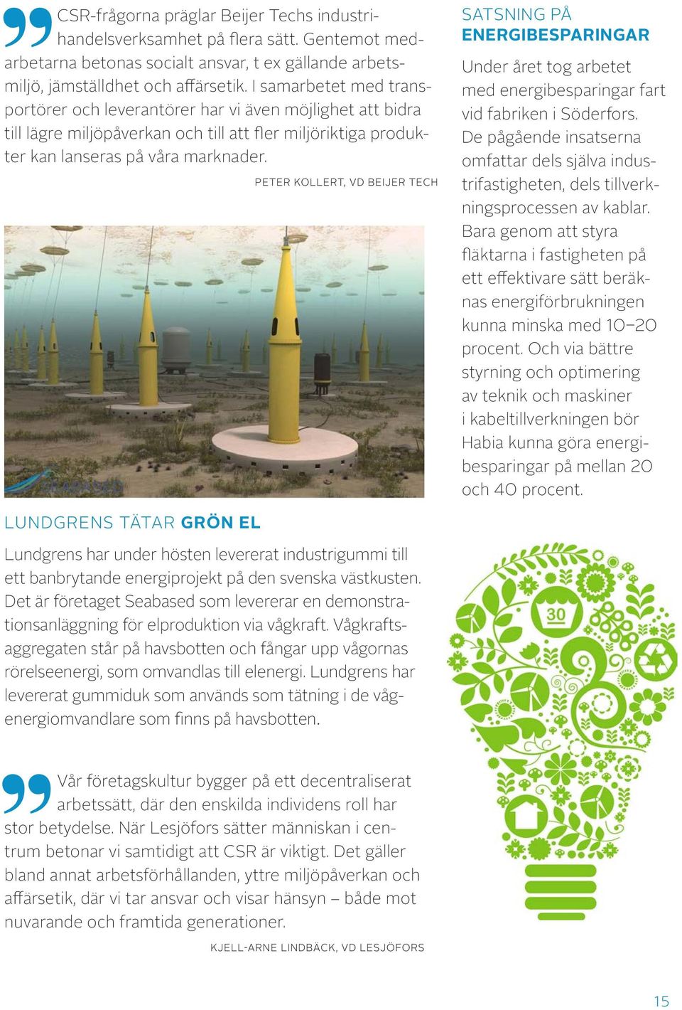 PETER KOLLERT, VD BEIJER TECH SATSNING PÅ ENERGIBESPARINGAR Under året tog arbetet med energi besparingar fart vid fabriken i Söderfors.