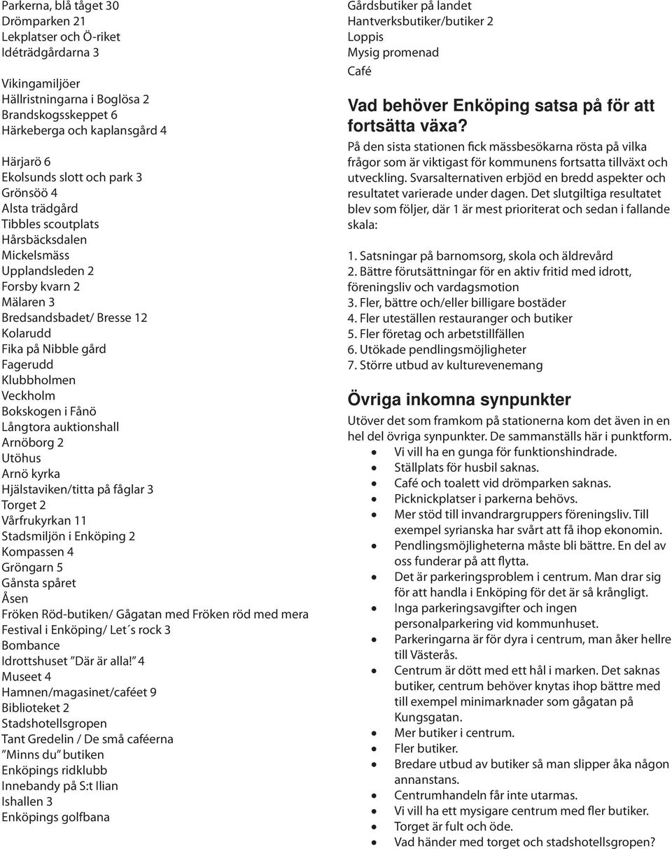 Veckholm Bokskogen i Fånö Långtora auktionshall Arnöborg 2 Utöhus Arnö kyrka Hjälstaviken/titta på fåglar 3 Torget 2 Vårfrukyrkan 11 Stadsmiljön i Enköping 2 Kompassen 4 Gröngarn 5 Gånsta spåret Åsen