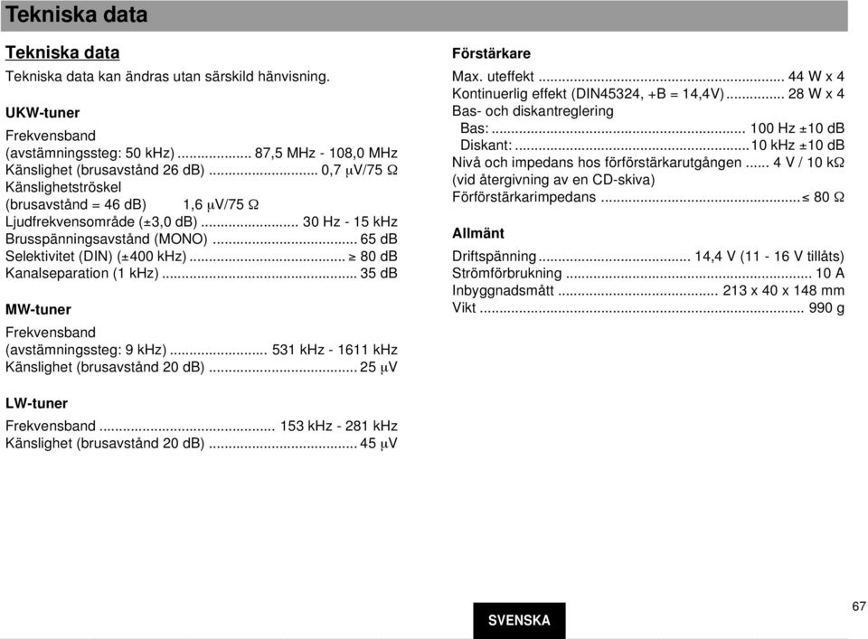 .. 80 db Kanalseparation (1 khz)... 35 db MW-tuner Frekvensband (avstämningssteg: 9 khz)... 531 khz - 1611 khz Känslighet (brusavstånd 20 db)... 25 µv Förstärkare Max. uteffekt.