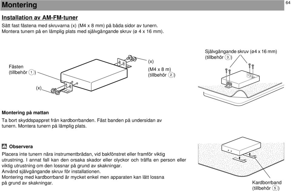 Observera Placera inte tunern nära instrumentbrädan, vid bakfönstret eller framför viktig utrustning.