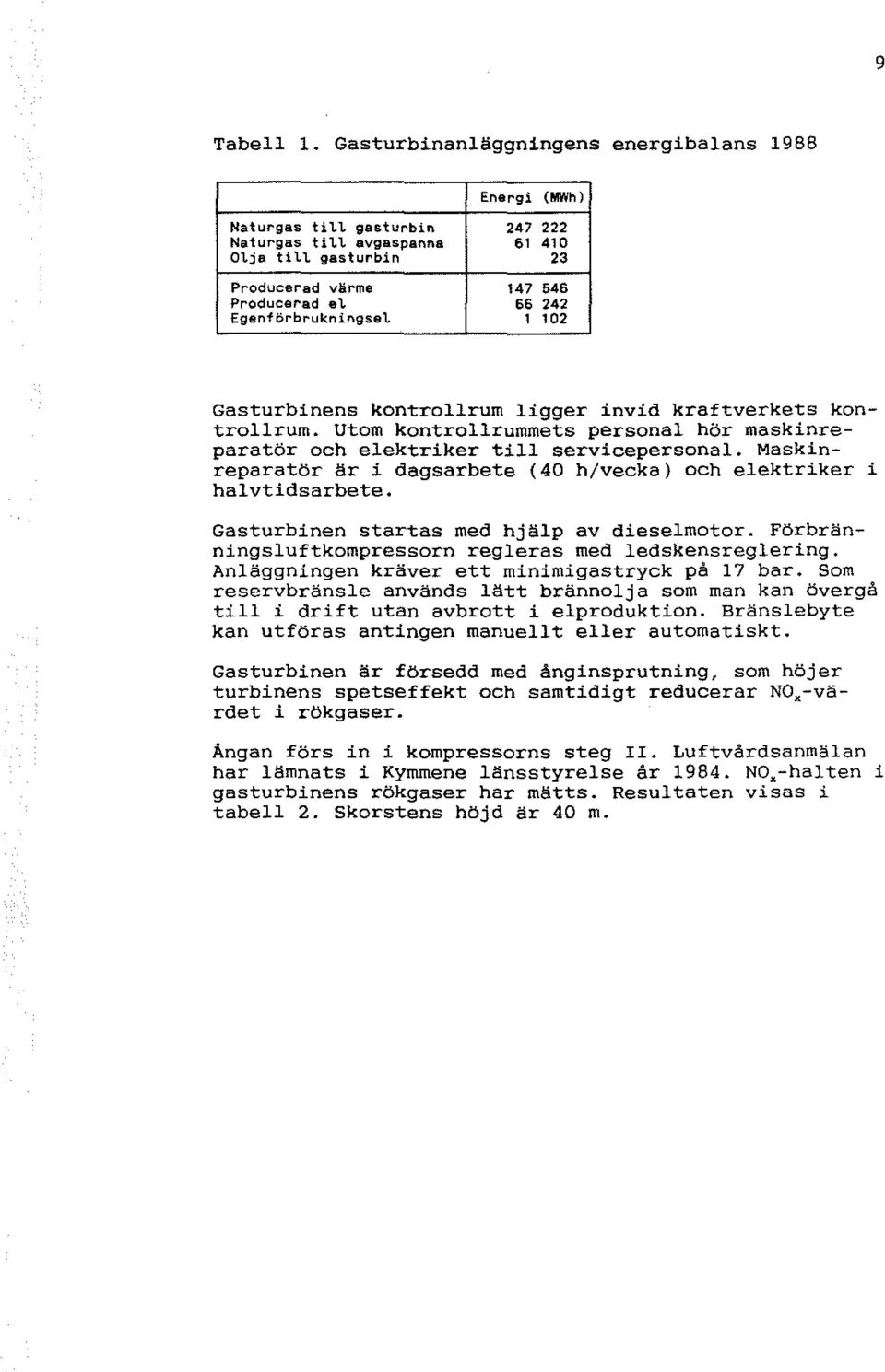 Egenförbrukningset 1 102 Gasturbinens kontrollrum ligger invid kraftverkets kontrollrum. Utom kontrollrummets personal hör maskinreparatör och elektriker till servicepersonal.