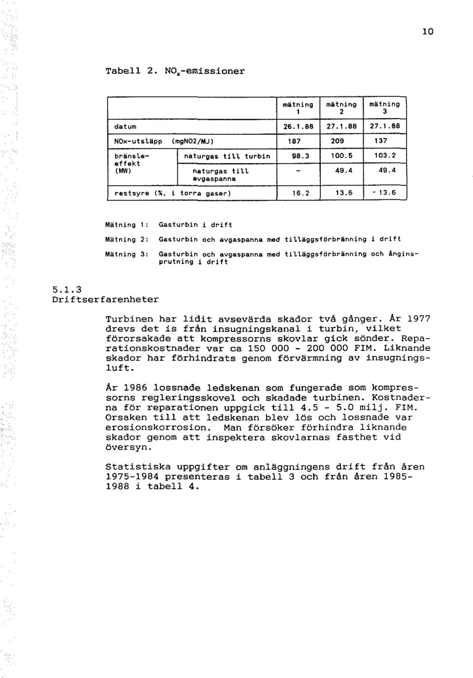 6 Mätning 1 ' Gasturbin i drift Mätning 2' Gasturbin och avgaspanna Mätning,, Gasturbin och avgaspanna prutning i drift med med tittäggsförbränning i drift tittäggsförbränning och ångins- 5. 1.3 Driftserfarenheter Turbinen har lidit avsevärda skador två gånger.