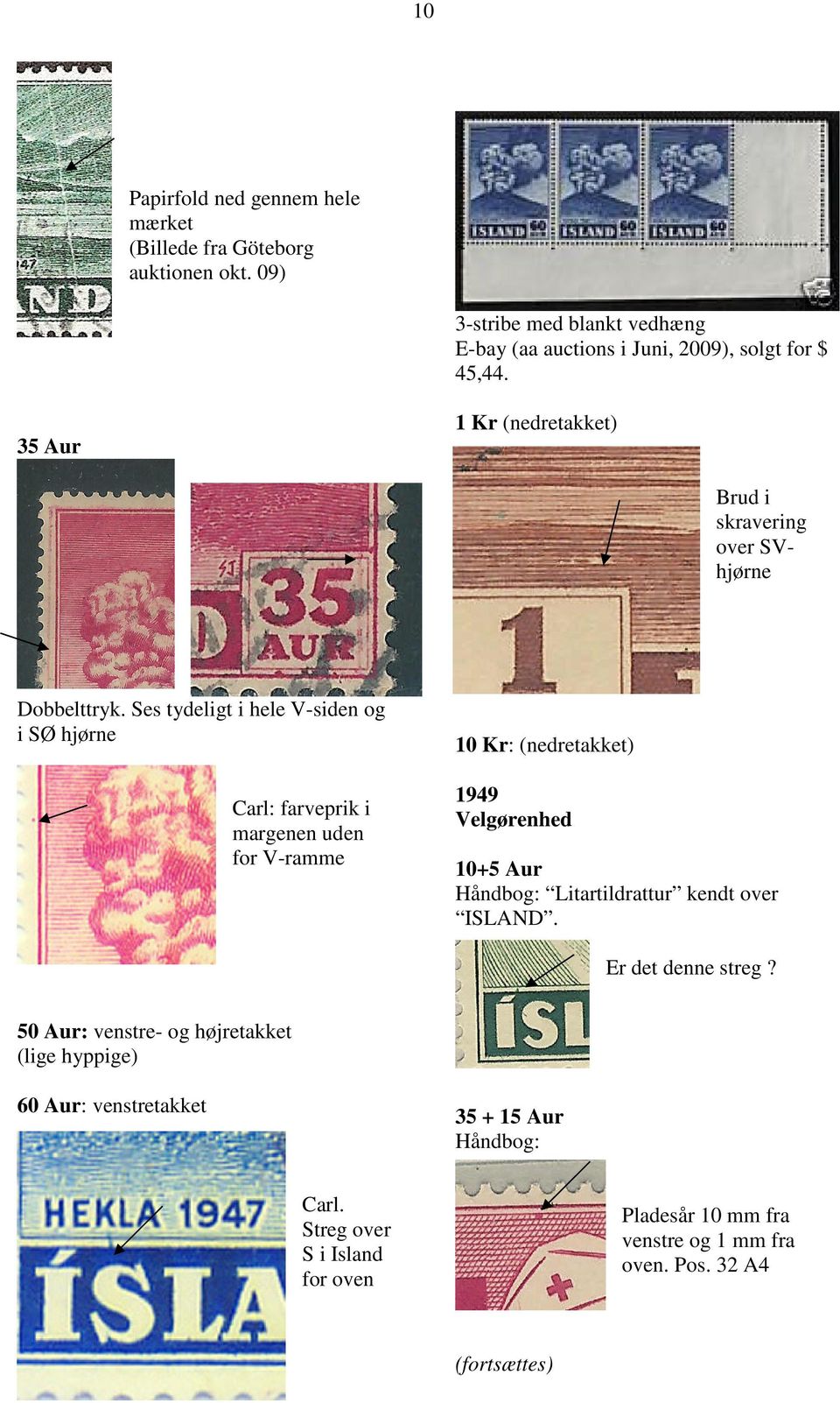 Ses tydeligt i hele V-siden og i SØ hjørne Carl: farveprik i margenen uden for V-ramme 10 Kr: (nedretakket) 1949 Velgørenhed 10+5 Aur Håndbog: