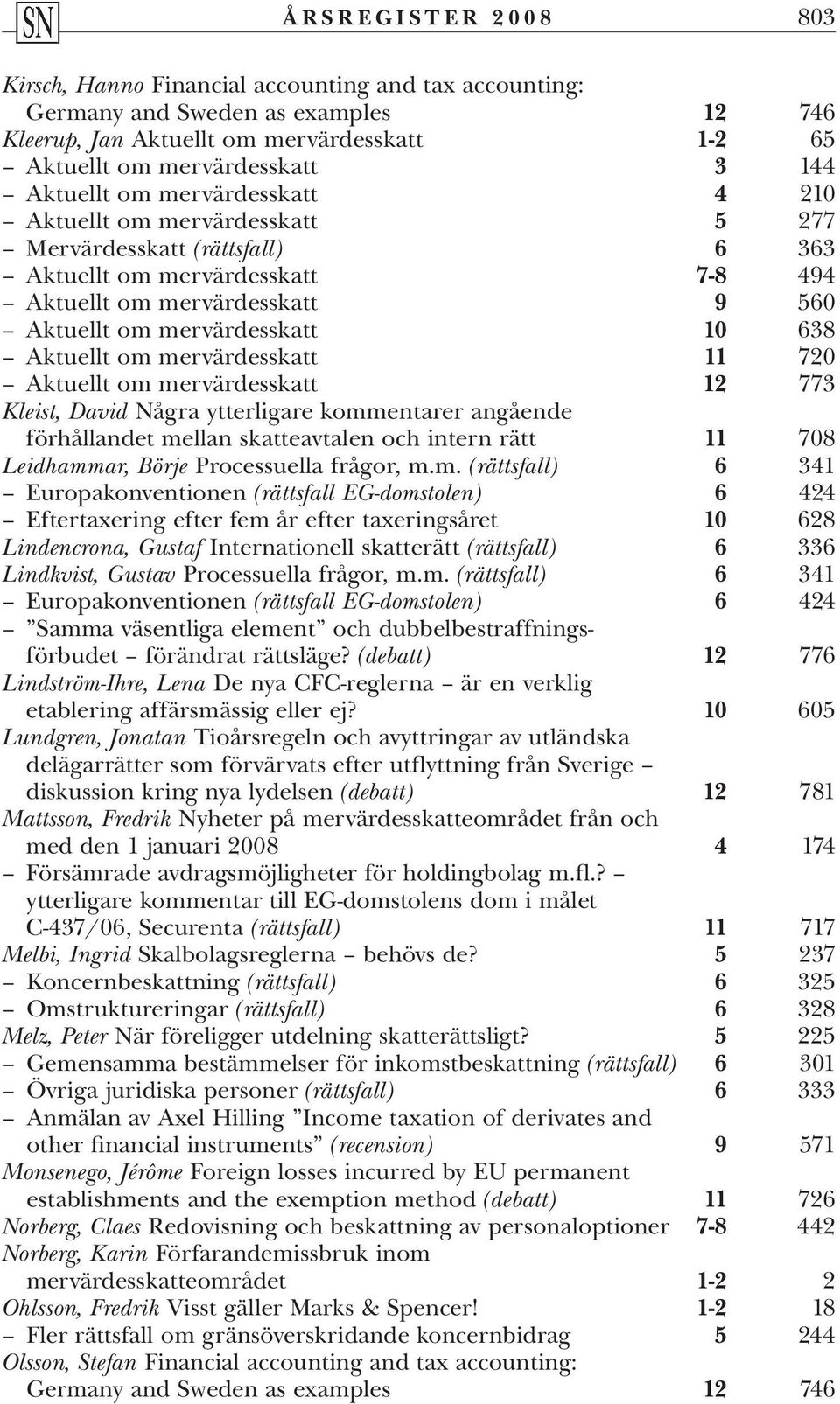 638 Aktuellt om mervärdesskatt 11 720 Aktuellt om mervärdesskatt 12 773 Kleist, David Några ytterligare kommentarer angående förhållandet mellan skatteavtalen och intern rätt 11 708 Leidhammar, Börje