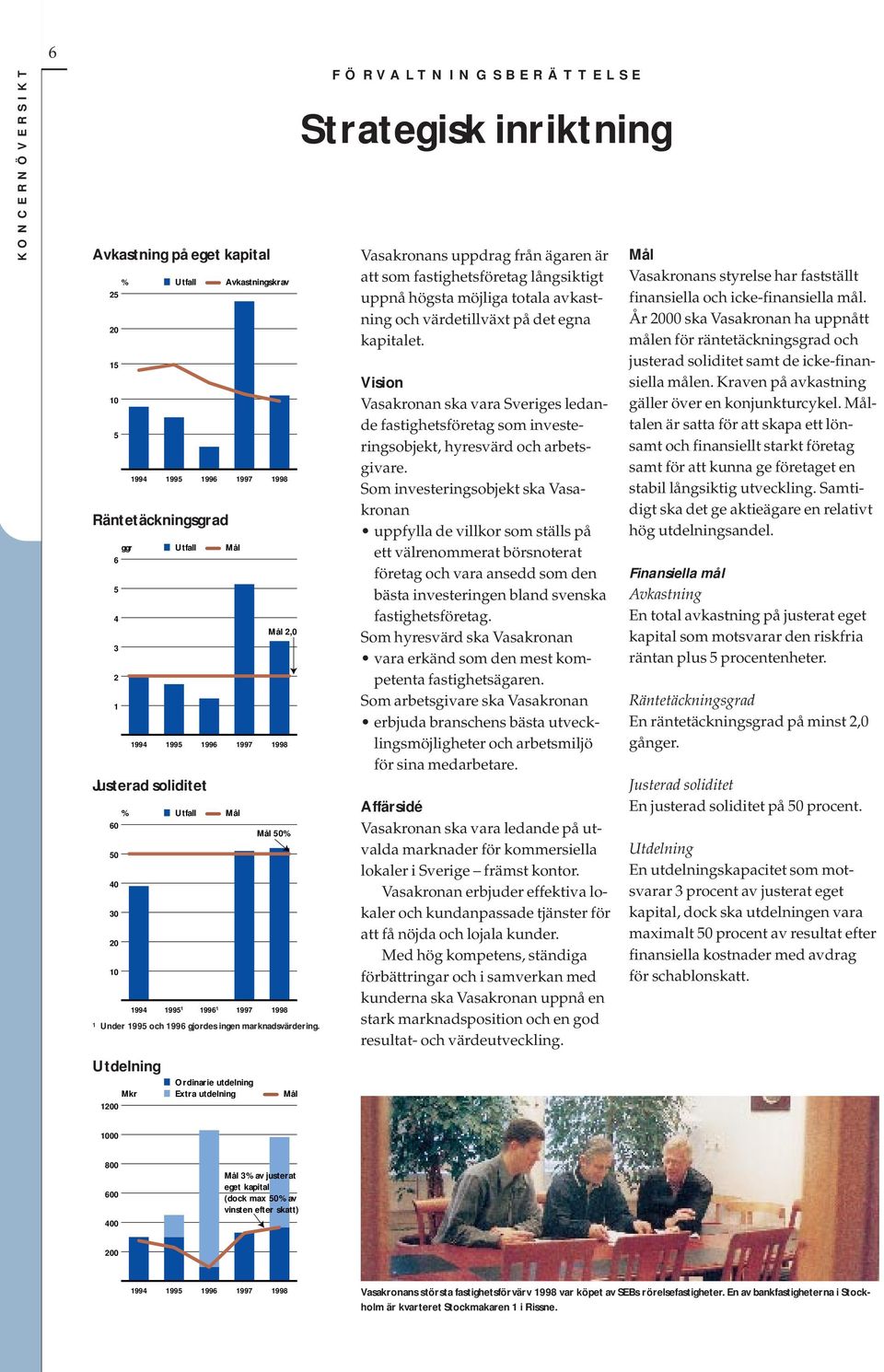 Mkr 1200 Ordinarie utdelning Extra utdelning Mål FÖRVALTNINGSBERÄTTELSE Strategisk inriktning Vasakronans uppdrag från ägaren är att som fastighetsföretag långsiktigt uppnå högsta möjliga totala