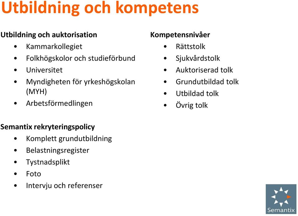 Kompetensnivåer Rättstolk Sjukvårdstolk Auktoriserad tolk Grundutbildad tolk Utbildad tolk Övrig