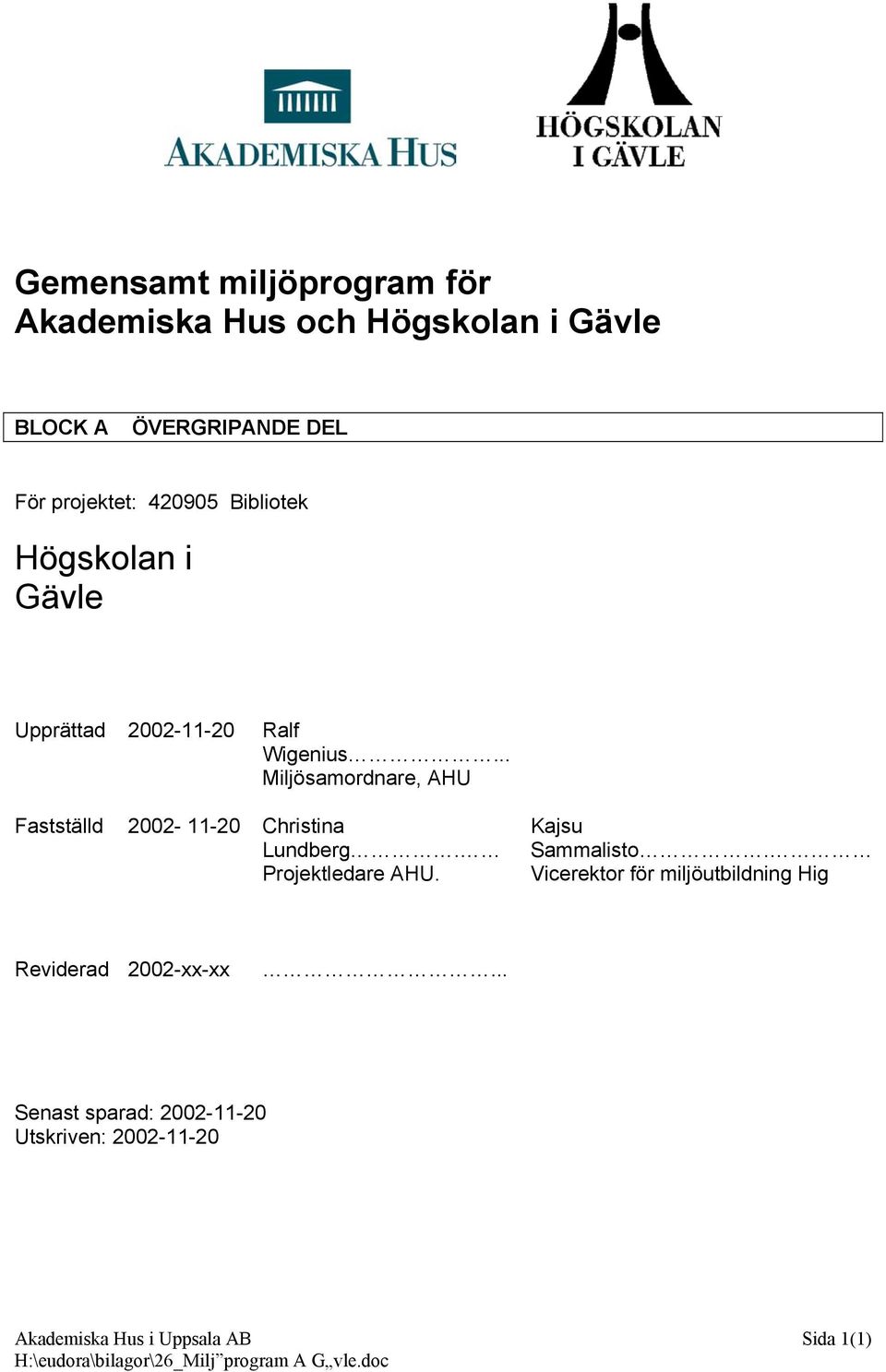 .. Miljösamordnare, AHU Fastställd 2002-11-20 Christina Lundberg. Projektledare AHU. Kajsu Sammalisto.