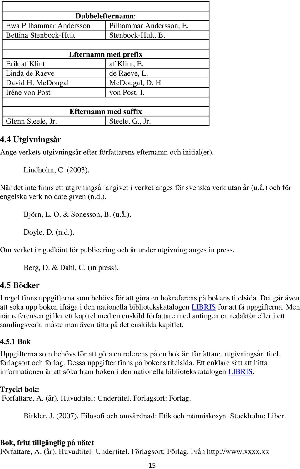 Lindholm, C. (2003). När det inte finns ett utgivningsår angivet i verket anges för svenska verk utan år (u.å.) och för engelska verk no date given (n.d.). Björn, L. O. & Sonesson, B. (u.å.). Doyle, D.