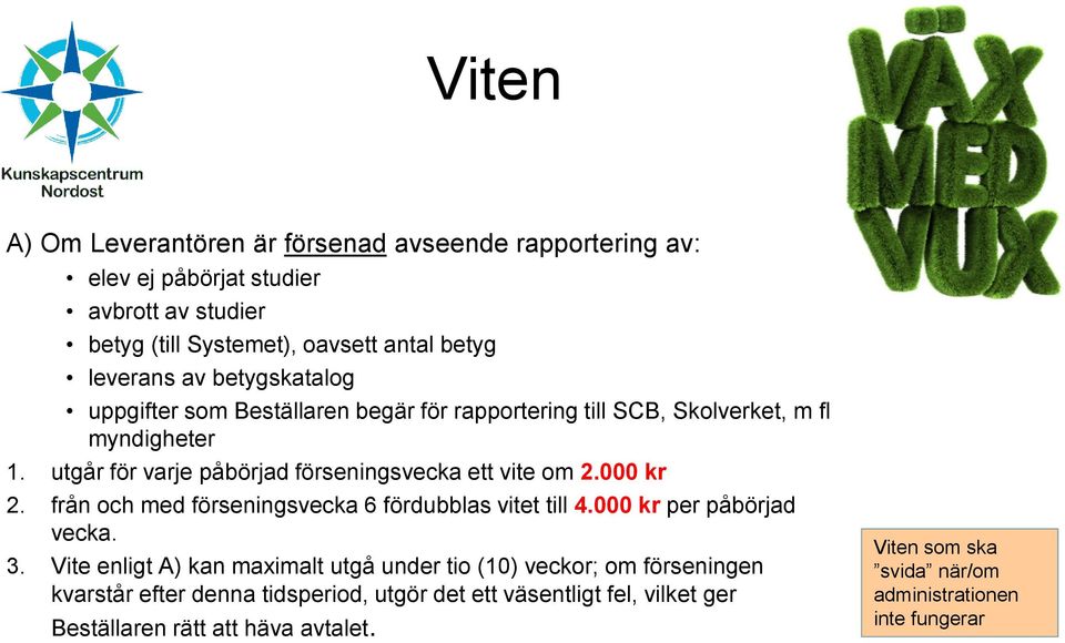 000 kr 2. från och med förseningsvecka 6 fördubblas vitet till 4.000 kr per påbörjad vecka. 3.