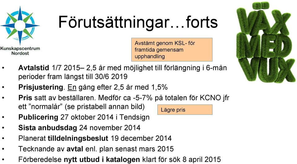 Medför ca -5-7% på totalen för KCNO jfr ett normalår (se pristabell annan bild) Publicering 27 oktober 2014 i Tendsign Sista anbudsdag 24