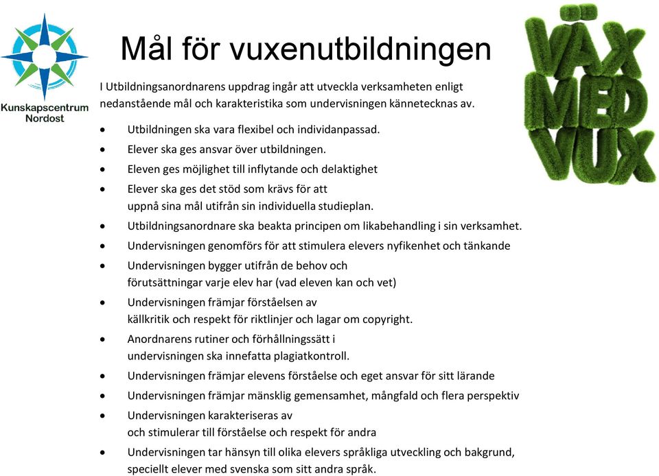 Eleven ges möjlighet till inflytande och delaktighet Elever ska ges det stöd som krävs för att uppnå sina mål utifrån sin individuella studieplan.