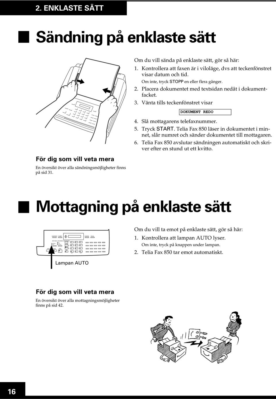 Vänta tills teckenfönstret visar DOKUMENT REDO För dig som vill veta mera En översikt över alla sändningsmöjligheter finns på sid 31. 4. Slå mottagarens telefaxnummer. 5. Tryck START.