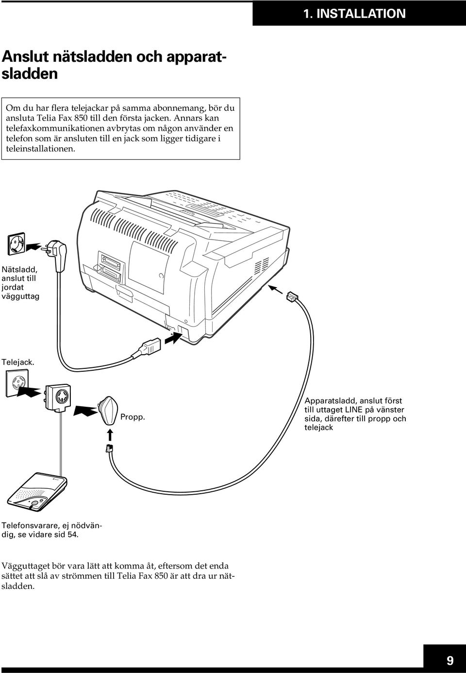 Annars kan telefaxkommunikationen avbrytas om någon använder en telefon som är ansluten till en jack som ligger tidigare i teleinstallationen.