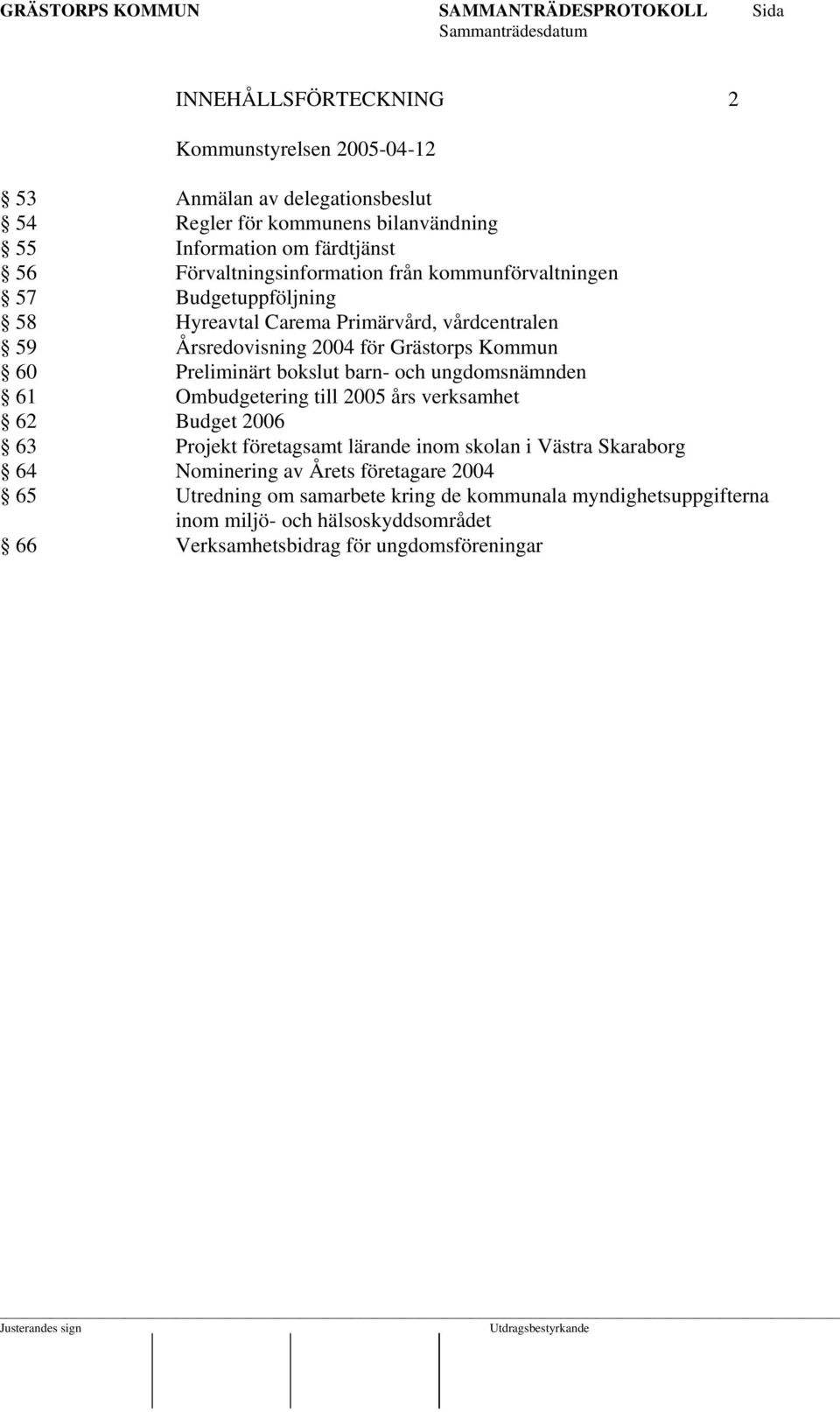Preliminärt bokslut barn- och ungdomsnämnden 61 Ombudgetering till 2005 års verksamhet 62 Budget 2006 63 Projekt företagsamt lärande inom skolan i Västra Skaraborg