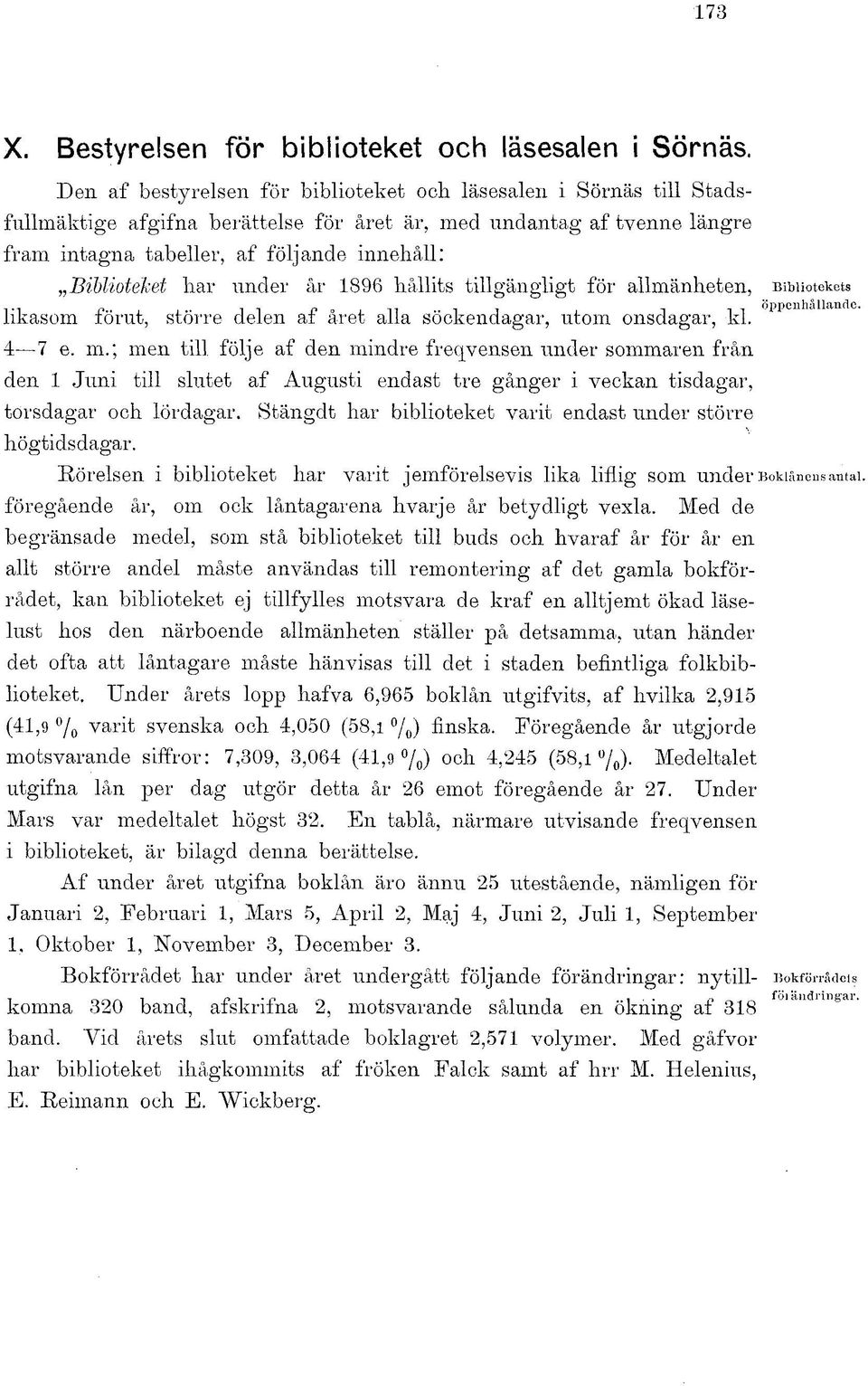 har under år 1896 hållits tillgängligt för allmänheten, Bibliotekets p öppcnhållandc. likasom iörut, större delen at året alla söckendagar, utom onsdagar, kl. 4 7 e. m.