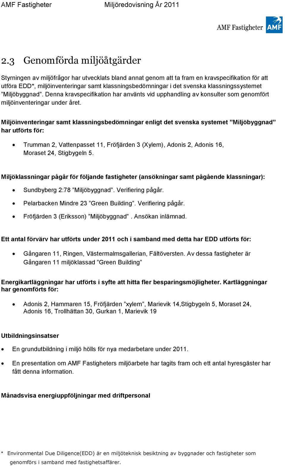 Miljöinventeringar samt klassningsbedömningar enligt det svenska systemet Miljöbyggnad har utförts för: Trumman 2, Vattenpasset 11, Fröfjärden 3 (Xylem), Adonis 2, Adonis 16, Moraset 24, Stigbygeln 5.