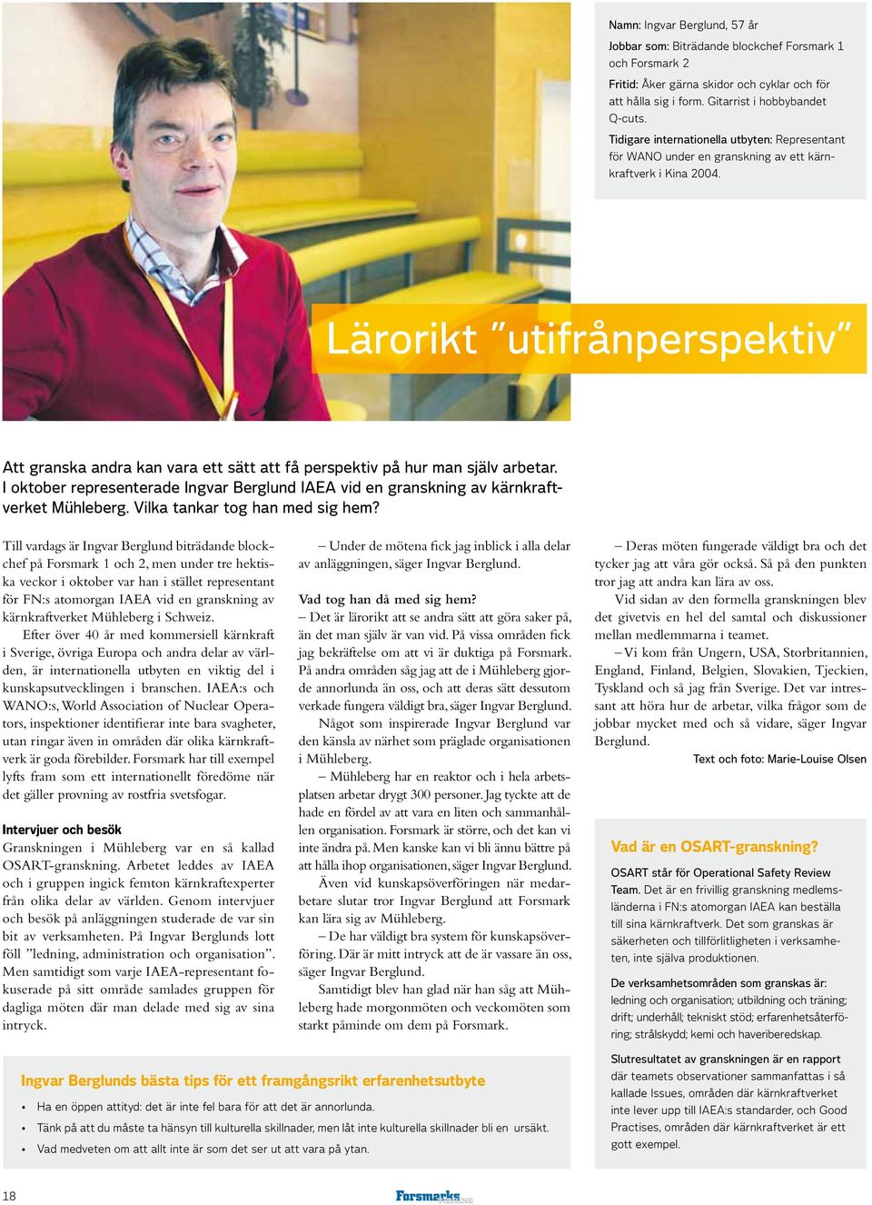 Lärorikt utifrånperspektiv Att granska andra kan vara ett sätt att få perspektiv på hur man själv arbetar. I oktober representerade Ingvar Berglund IAEA vid en granskning av kärnkraftverket Mühleberg.