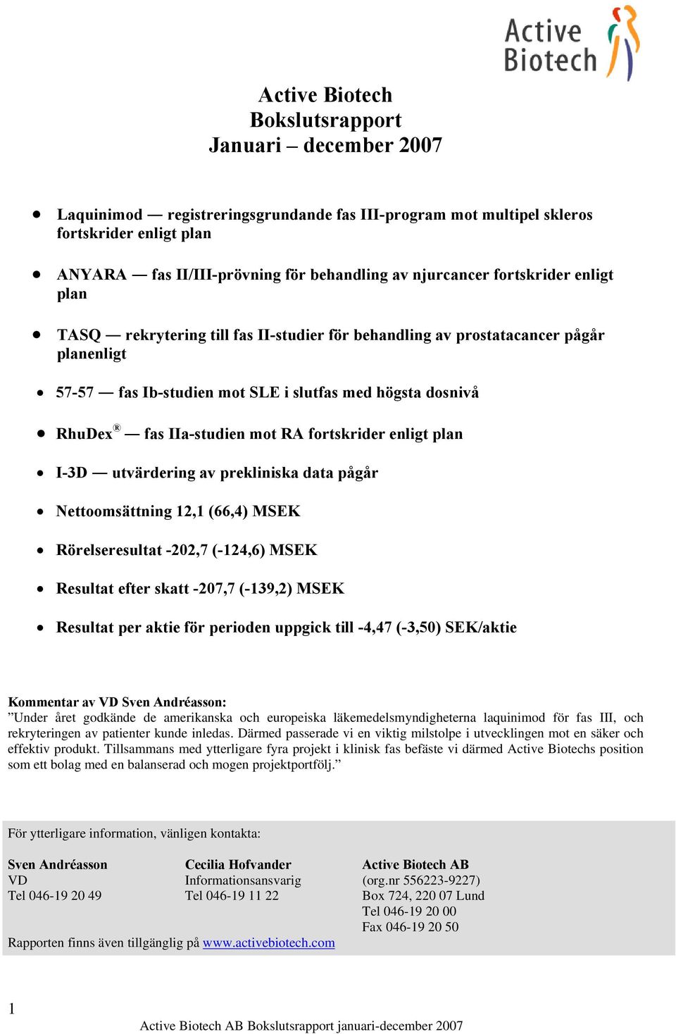 IIa-studien mot RA fortskrider enligt plan I-3D utvärdering av prekliniska data pågår Nettoomsättning 12,1 (66,4) MSEK Rörelseresultat -202,7 (-124,6) MSEK Resultat efter skatt -207,7 (-139,2) MSEK