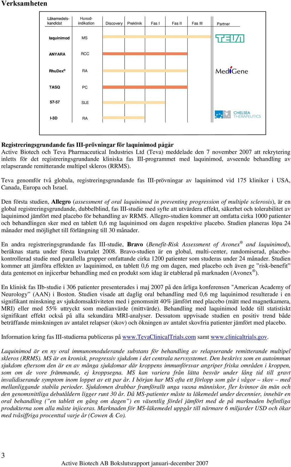 III-programmet med laquinimod, avseende behandling av relapserande remitterande multipel skleros (RRMS).